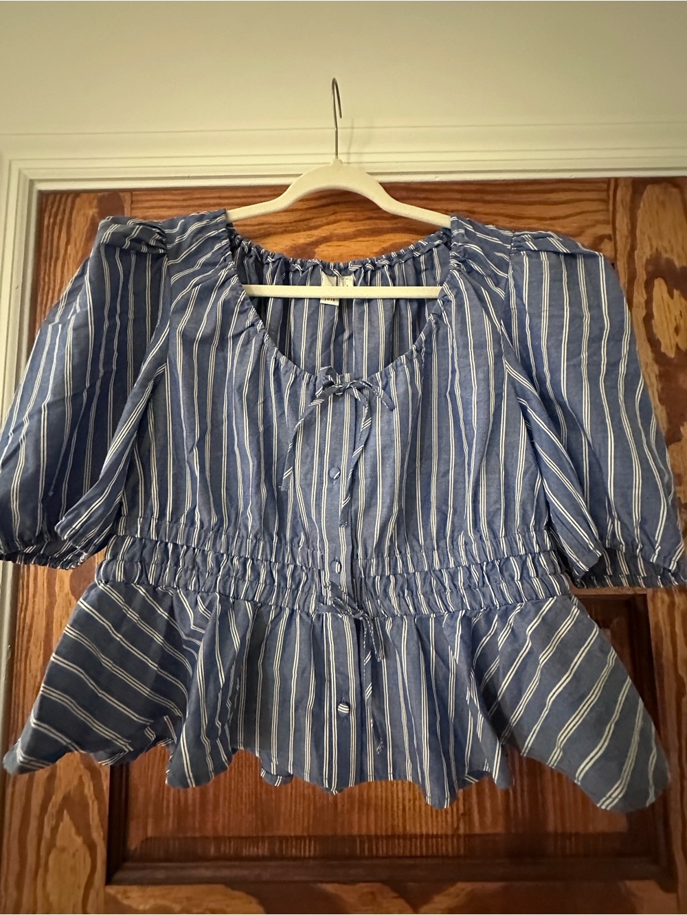 Joie Blue & White Striped Smocked Peplum Button-Front Top